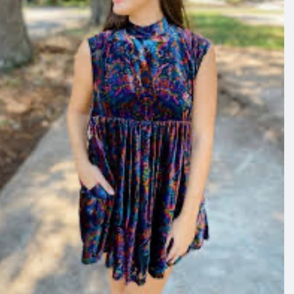 Free People Velvet Paisley Smocked Mini Dress In Multi Sz S oversized - Picture 1 of 14